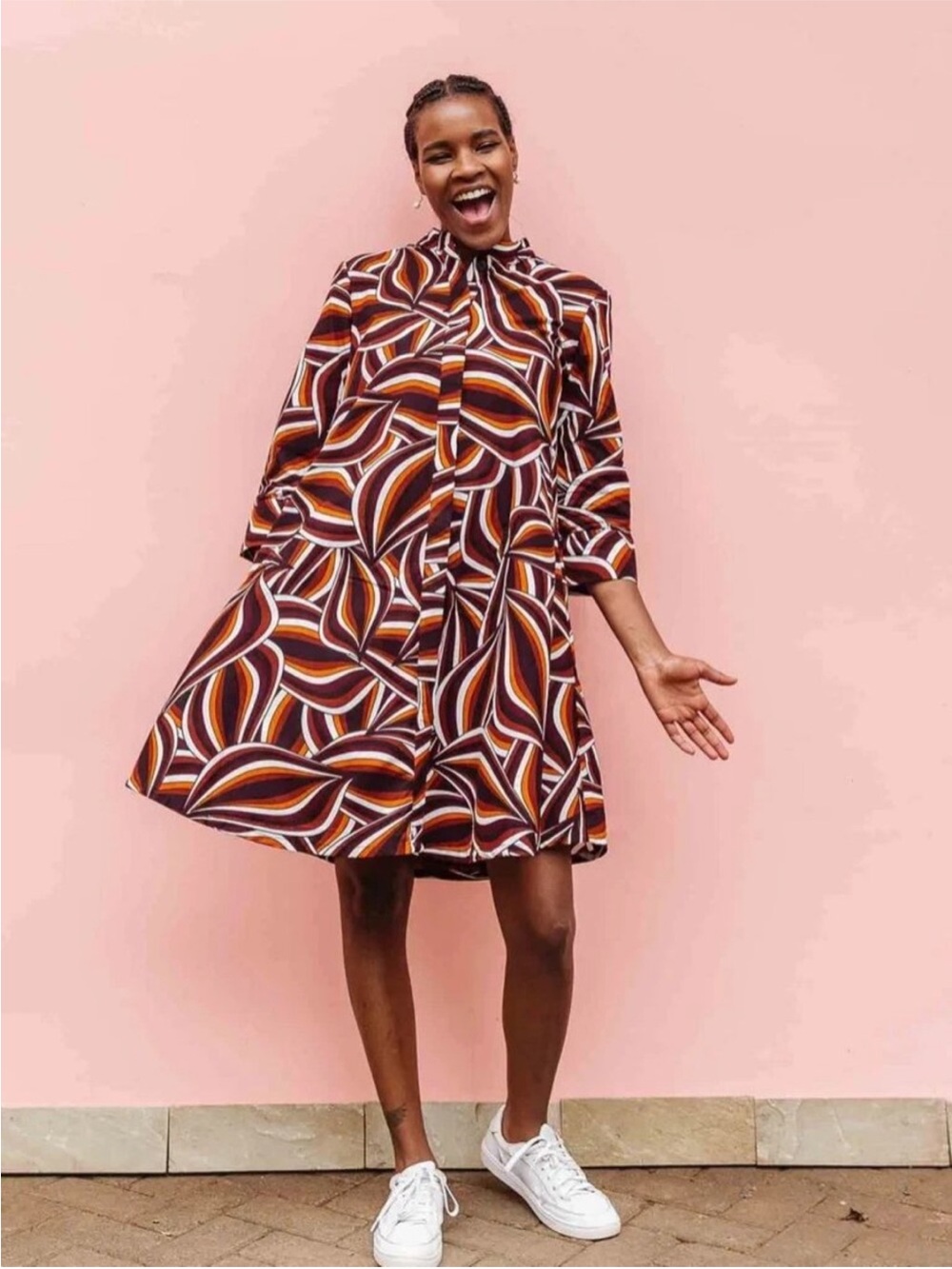 Zuri Kenya It Factor Geometric Vibrant Cotton Midi Dress S Small Brown Orange